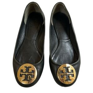 Tory Burch Reva Ballerina Ballet Flats Size 6.5 Black Leather Golden Logo